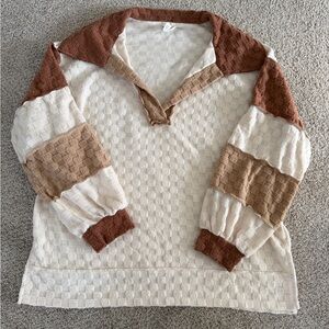 Bibi Textured Patchwork Exposed Seam V Neck Long Sleeve Top